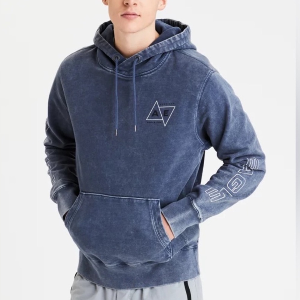 American Eagle Men’s Hoodie Sweatshirt Blue Graphic Logo Pullover‎ Size M